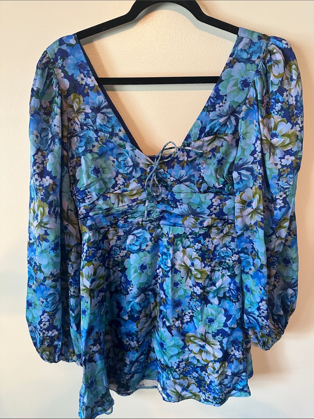 For Love and Lemons Astor Floral Mini Dress Blue Womens Medium Cute Long Sleeve